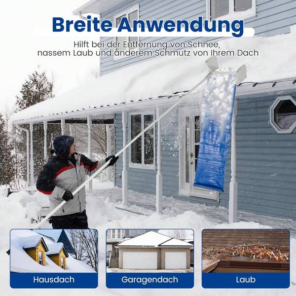 Verstellbarer Schneeschaufel, Aluminium Schneedachrechen mit verbreitertem Kopf & PVC-Tuch, Schneeräumer mit rutschfestem Griff (187-624 cm) & 4 Stangen, Schneeschieber für Dach & Auto
