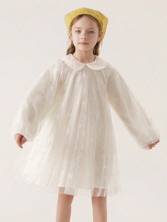 MARC&JANIE 少女的夢幻甜美刺繡網紗襯衫領泡泡袖裙，春季