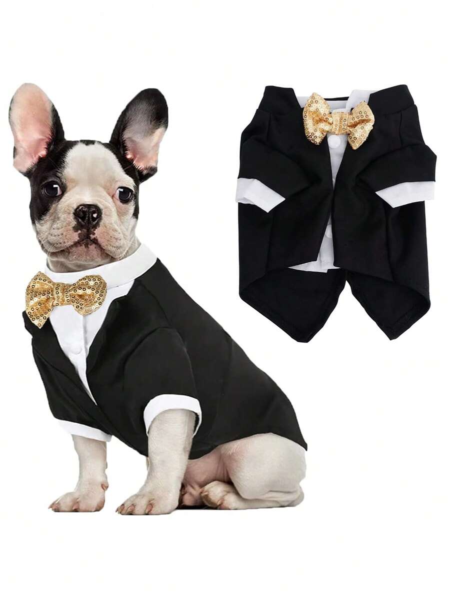 1件狗狗禮服襯衫,附蝴蝶領結,適合小型和中型犬,婚禮和派對裝扮 - 黑色 - 查看 1