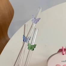 1pc Colorful Butterfly Shaped Heat-Resistant Glass Straw, Heart Shaped Anti-Scald Drinking Straw For Milk Tea, Juice, Milk School Supplies,Christmas Gift - Green - View 5
