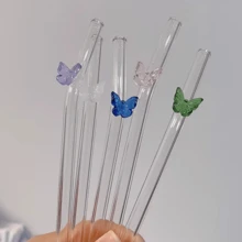 1pc Colorful Butterfly Shaped Heat-Resistant Glass Straw, Heart Shaped Anti-Scald Drinking Straw For Milk Tea, Juice, Milk School Supplies,Christmas Gift - Green - View 7