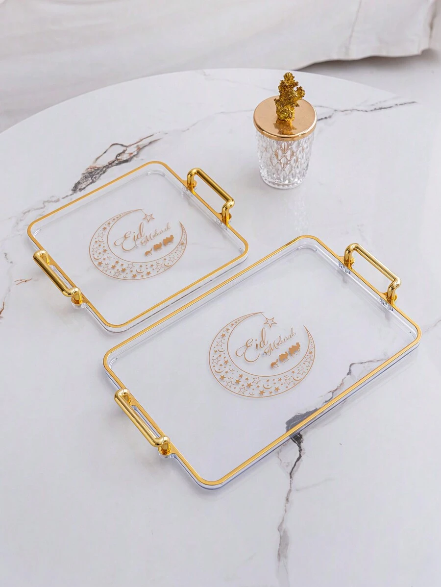 1pc Ramadan Pattern Tray, Decorative Serving Tray For Cakes, Fruits, Snacks, Tableware, Suitable For Celebrations, Weddings - Clear - View 1