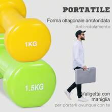 HOMCOM Manubri Pesi, Set Manubri Palestra da 10kg con Valigetta 4 Paia di Manubri Colorati (2x0.5kg, 2x1kg, 2x1.5kg, 2x2kg) - Multicolore - Visualizzare 3