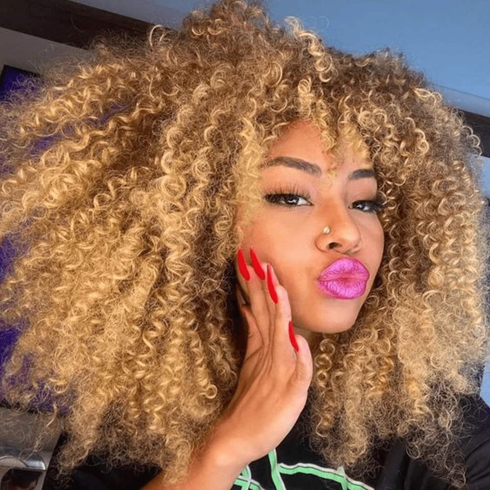 14 Inch Blonde Short Curly Wig with Bangs Small Curly Women's Synthetic Hair Heat Resistant Replacement Wigs Fashionable Bomb Curly Wigs