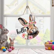 Easter Decoration Logo, Wooden Resurrection Festival Rabbit Logo Happy Resurrection Door Logo Circular Easter Welcome Sign, Front Door Spring Resurrection Wall Decoration Gifts Birthday Graduation - Multicolor - View 2