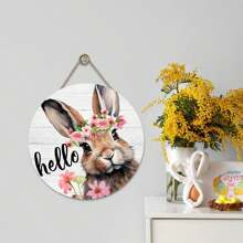 Easter Decoration Logo, Wooden Resurrection Festival Rabbit Logo Happy Resurrection Door Logo Circular Easter Welcome Sign, Front Door Spring Resurrection Wall Decoration Gifts Birthday Graduation - Multicolor - View 3