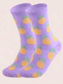 1pair Men's Purple Pineapple Fruit Cartoon Personalized Mid-Calf Socks - Purple - View 1