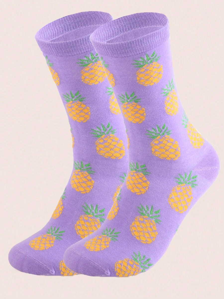 1pair Men's Purple Pineapple Fruit Cartoon Personalized Mid-Calf Socks - Purple - View 1