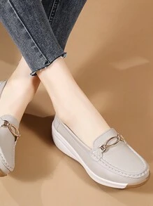 Mocassins à semelle épaisse pour femmes, chaussures de maman cousues à la main douces pour le printemps/automne, chaussures à talons compensés de couleur unie
