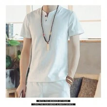 Camisa Con Botones  Informal Suelta De Manga Corta Para Hombre - Blanco - Ver 3
