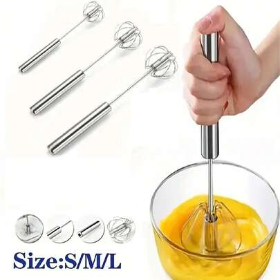 1pc 304 Stainless Steel Semi-Automatic Egg Beater, Cream Mixer, Household Semi-Automatic Rotary Egg Beater, Press And Rotate Mixer, Stainless Steel Automatic Rotary Cream Device Egg Beater, Easy Mixing Egg Beater In Kitchen