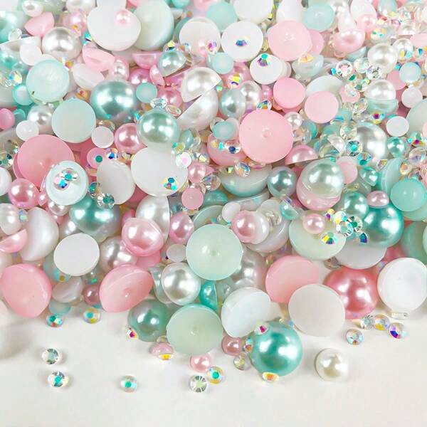 1100pcs Flatback Pearls & Rhinestones, 30g Mixed Size 3mm-10mm Ab Color Resin Rhinestones In Pink, Blue, And White, Half Round Flatback Pearl Rhinestones, Suitable For Nail Art, Face Art, Crafts, Jewelry Making, Decoration For Bottles, Cups, Clothing, Shoes And More. DIY Nail Charms Nail Gems Nail Supplies