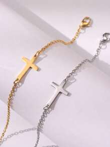 2pcs/Set Women's Stainless Steel Cross Design Bracelets, Gold & Silver