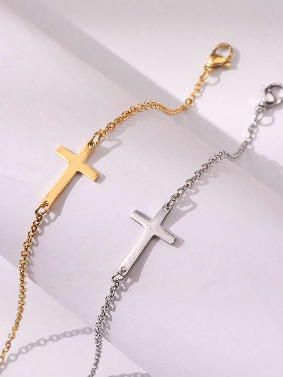 2pcs/Set Women's Stainless Steel Cross Design Bracelets, Gold & Silver