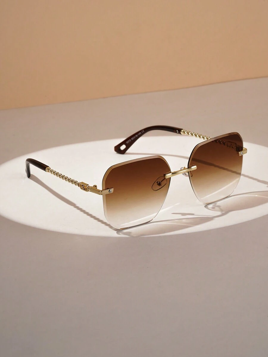 1 chiếc kính mát thời trang cỡ lớn Rimelss cắt đá thời trang ngoài trời gọng kính kiểu xích cho cuộc sống hàng ngày - Vàng - Xem 1