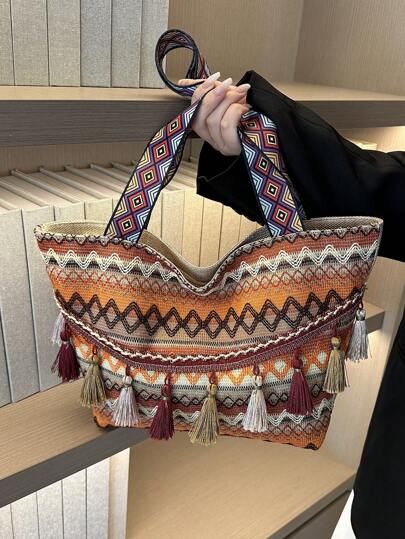 1 件女士时尚优雅拼色奢华约会/购物手提包，波西米亚风格单肩包，适合旅行和户外
