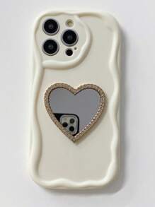 1 Vỏ Điện Thoại Di Động Có Hình Trái Tim Vàng Và Gương, Màu Trắng Sữa Có Viền Lượn Sóng Tương thích với Apple/Xiaomi/Redmi/Oppo/Vivo/Samsung/Infinix - Màu be - Xem 1