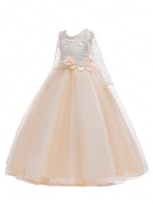 Tween Girl Long Solid Color Lace Tulle Satin Elegant Formal Dress, Suitable For Attending Balls And Formal Dinners, Does Not Include Headband - Champagne - View 4