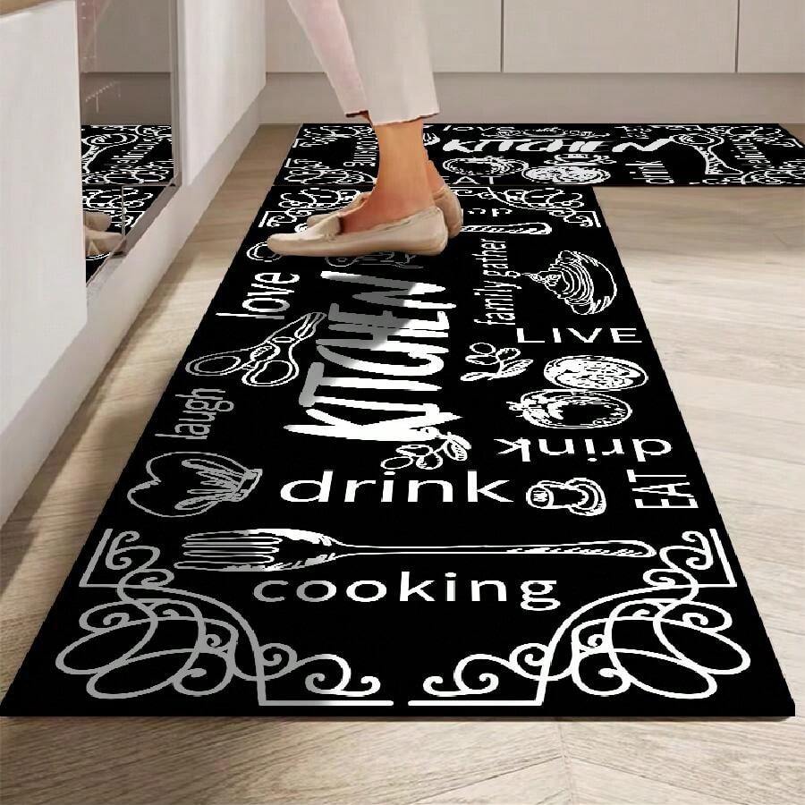 Kitchen Long Floor Mat, Anti-Skid, Water & Oil Absorption, Easy Clean Door Mat, Floor Carpet ,Room Decor - Black and White - View 1