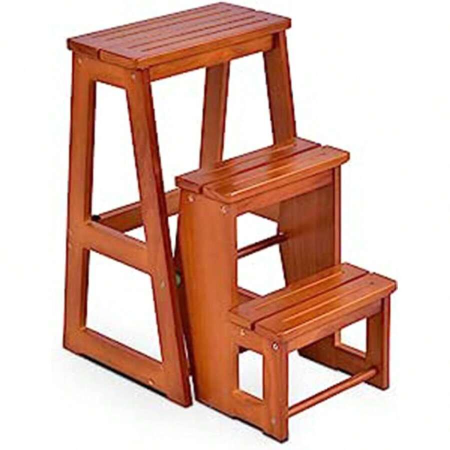 Ladder Chair 3 Steps, Step Stool Foldable, Stool Ladder Made Of Pine Wood, Step Ladder Household Ladder Wooden Stairs, Load Capacity 130kg, Choice Of Colors - Beige - View 1