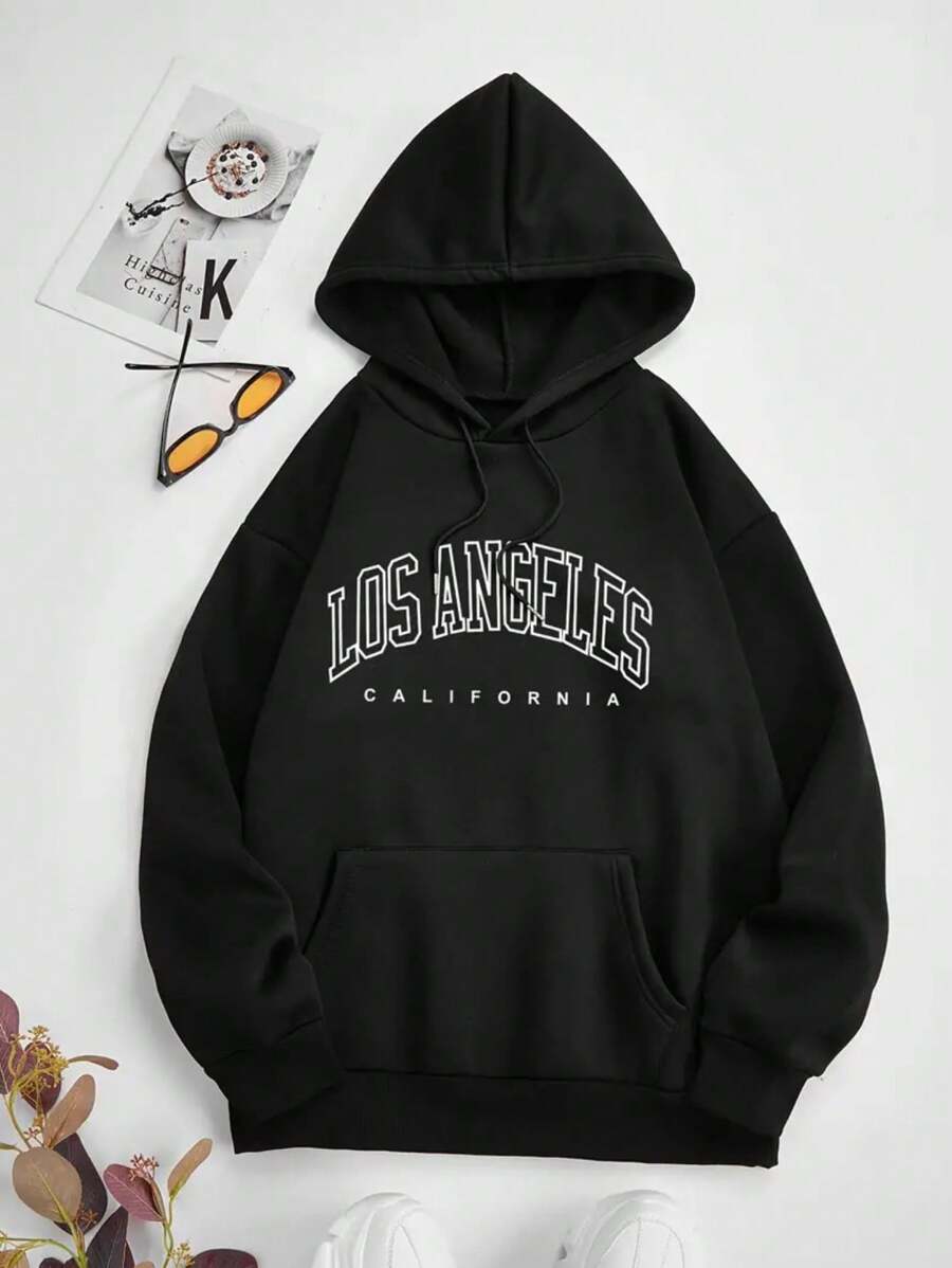 Sudadera los angeles con estampado de letra con forro térmico - Negro - Ver 1
