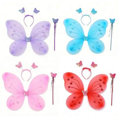 3Pcs/Set Adorable Exquisite Angel Butterfly Wings Props With Headband & Wand Set, Wings Decoration Travel Photography Dress Up, Halloween Christmas Cosplay Costume Props, Birthday Party Play Supplies, Stage Performance Accessories Prom