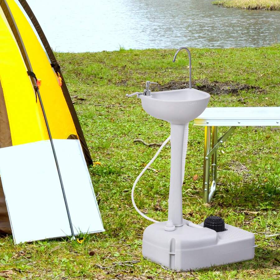 Outsunny Camping Waschbecken Handwaschbecken mit 17L Wassertank Spülbecken mit Auffangbehälter für Abwasser Spender für Flüssigseife mit Fußpumpe mobil HDPE Grau - Hellgrau - Übersicht 1