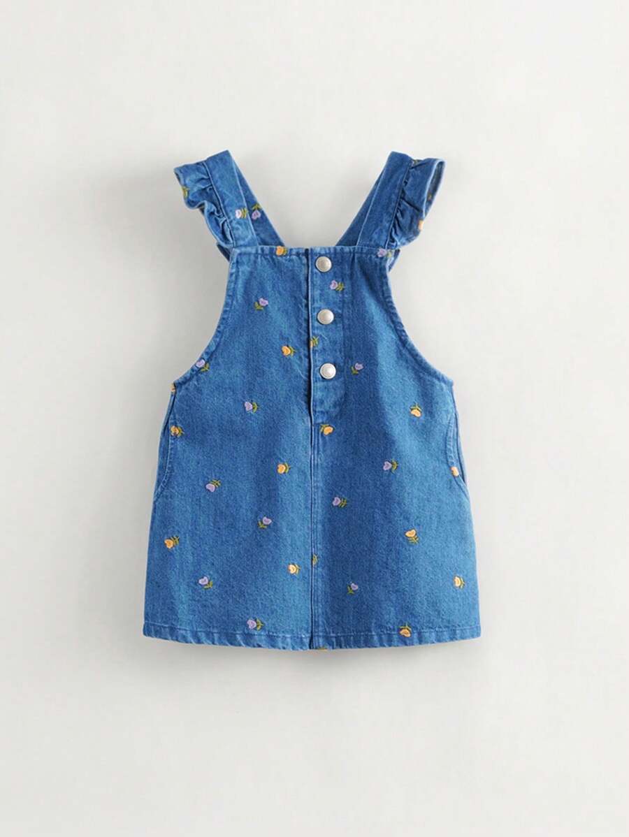 MARC&JANIE 少女時尚刺繡荷葉邊肩帶丹寧吊帶裙，適合春秋季節