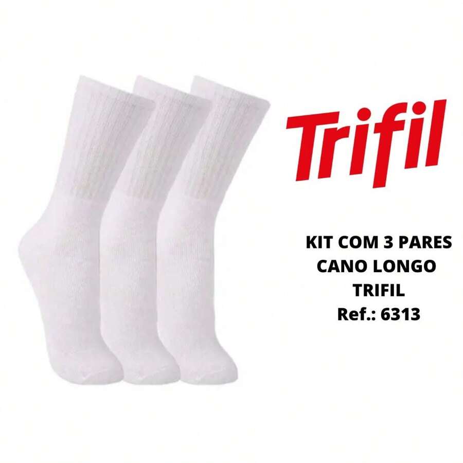 Kit c/ 3 pares Trifil cano longo esportiva algodão cano alto Ref.: 6313 - Branco - Visão 1
