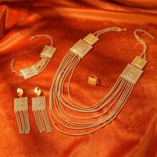 5入組多層手工頸鍊套裝,沙烏地阿拉伯24k金迪拜非洲新娘頸鍊耳環戒指手鐲,女士派對珠寶禮物,適用於母親和朋友 - 金黃色 - 查看 4