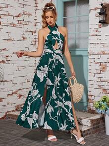 VESTIDO SEXY CON ESPALDA ABIERTA Y CUELLO CRUZADO, VESTIDO LARGO NEGRO CON ESTAMPADOS DE MODA Y HORQUILLA ALTA HASTA EL MUSLO - Verde - Ver 5