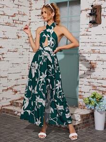 VESTIDO SEXY CON ESPALDA ABIERTA Y CUELLO CRUZADO, VESTIDO LARGO NEGRO CON ESTAMPADOS DE MODA Y HORQUILLA ALTA HASTA EL MUSLO - Verde - Ver 6