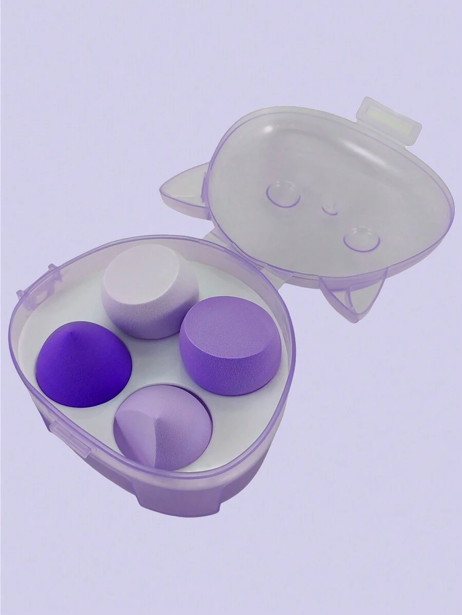 Set Of 4 Makeup Sponges, Includes Cat-Shaped Case, 4 Colors Available. - Purple - View 1