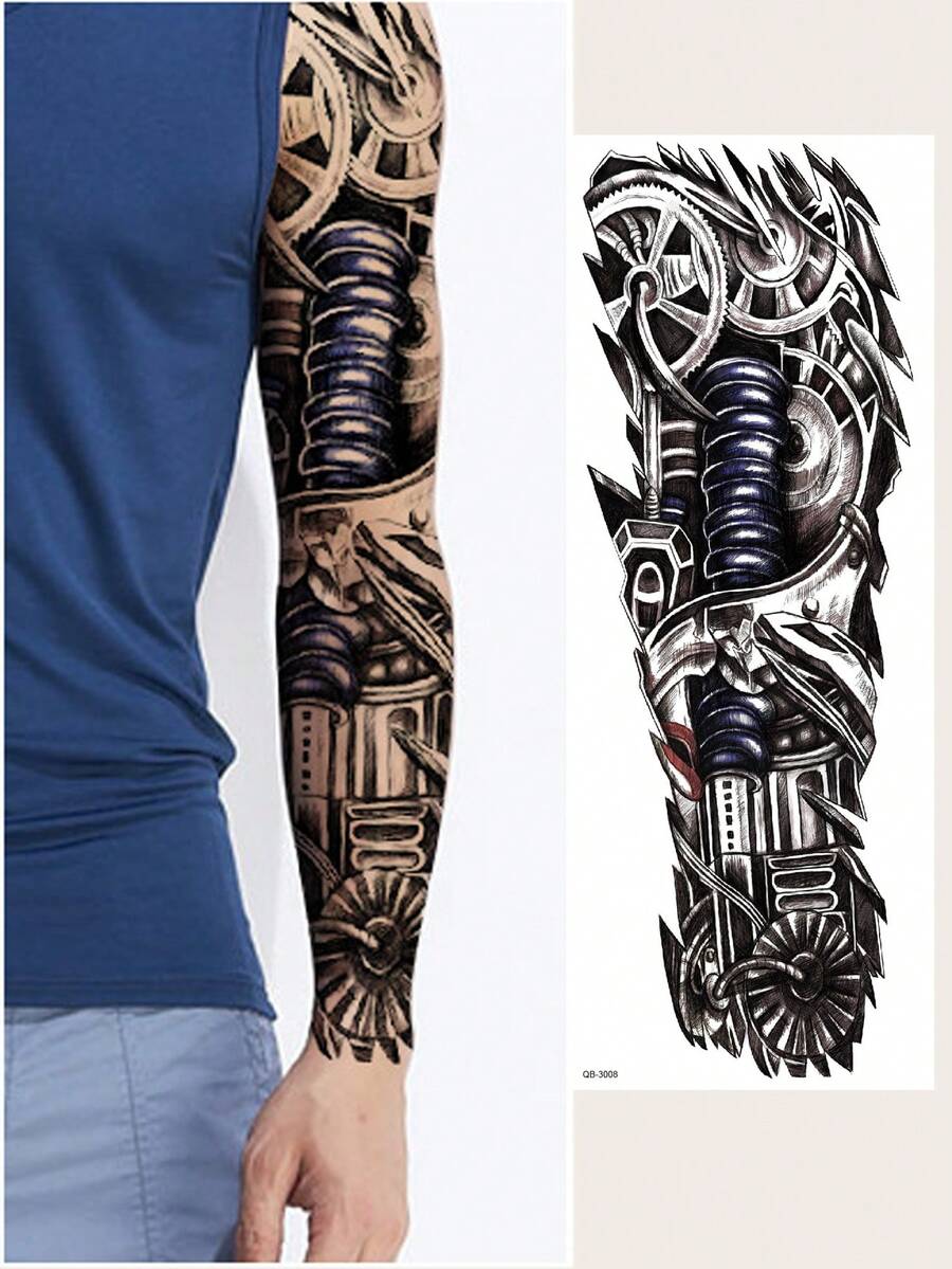 1入組機械臂&齒輪圖騰設計防水暫時性紋身貼紙,適用於手臂、大腿、男性或成人身體藝術 - 黑色 - 查看 1