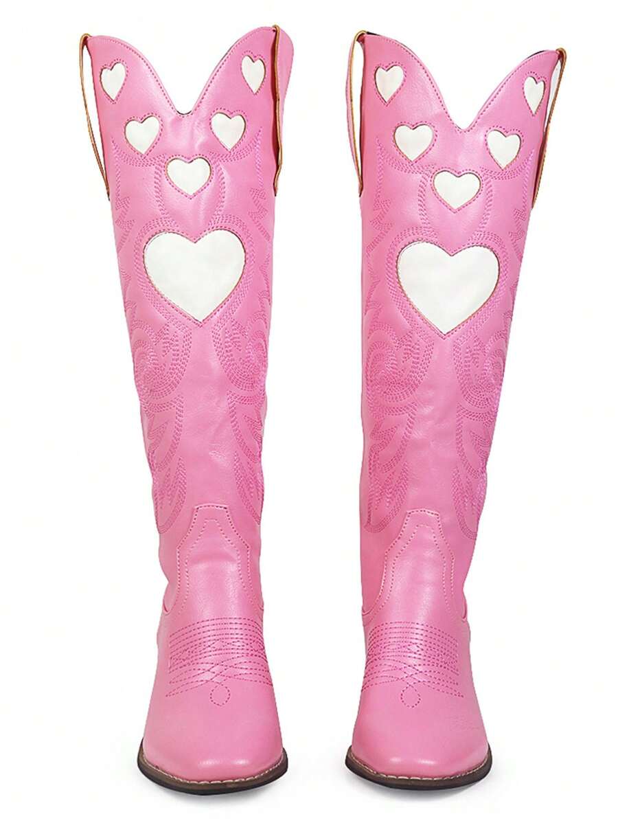 Cowgirl Cowboy Western Boots Block Chunky High Heels Cute Heart Shape Platform Knee High Shoes Woman Ridding Boots - Pink - View 1