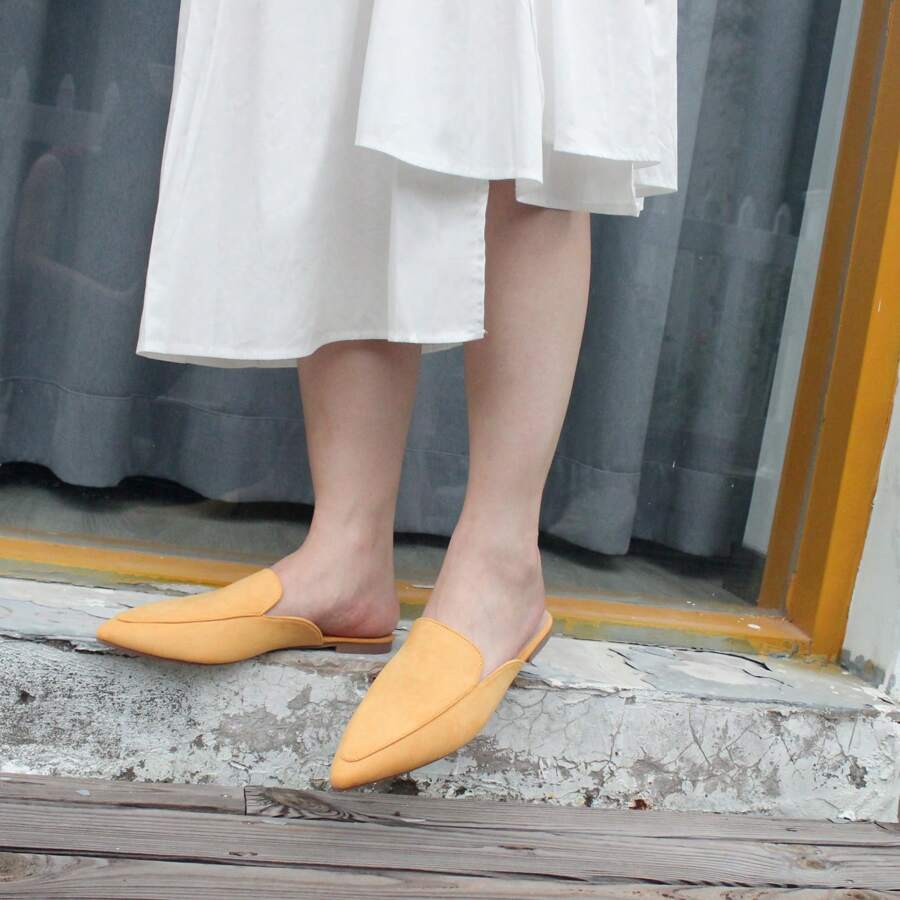 Women's Backless Slip On Slides Comfortable Loafer Shoes Suede Flats Pointed Toe Mules - Yellow - View 1