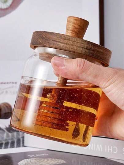 1 pieza Tarro de miel de vidrio, recipiente para miel con cuchara y tapa de madera, tarro de miel con émbolo de madera para almacenamiento de miel, sirope de miel, miel de panal en la cocina del hogar, botella de vidrio