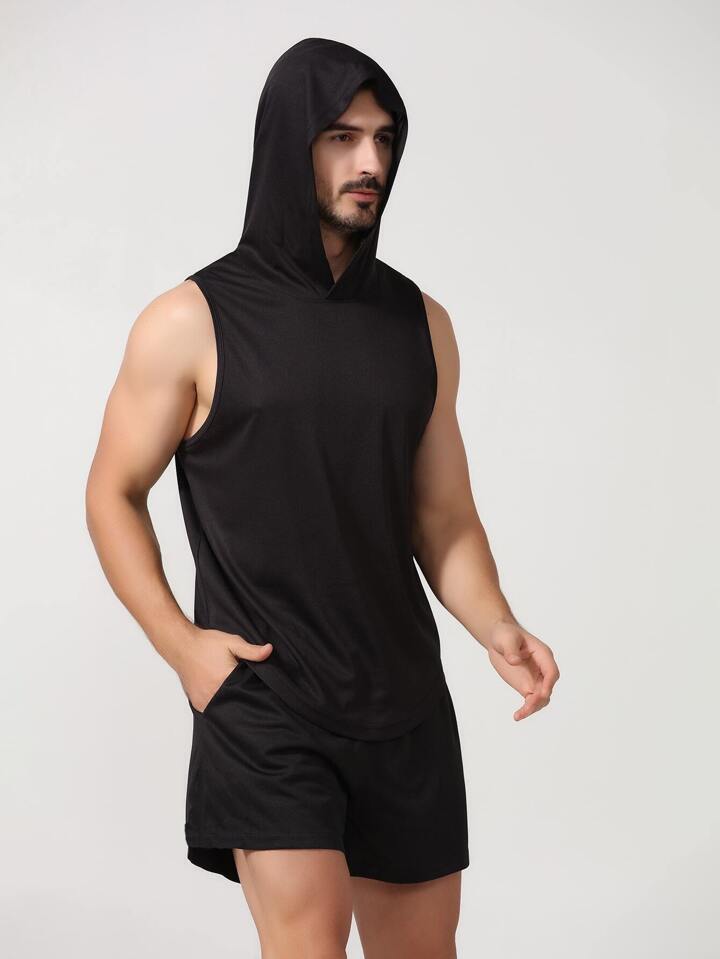 2 Piezas set Traje De Tank Top Deportivo Para Hombre Ropa Deportiva Al Aire Libre Ropa De Fitness Tank Top Deportivo Con Capucha Para Correr Chandal Deportivo Traje De Pantalones Cortos Para Hombres