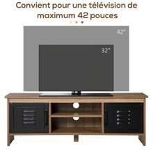 HOMCOM Meuble TV Banc TV Design Industriel - 2 placards, 2 niches, 2 Passe-Fils - Panneaux Particules Aspect Bois veinage Portes métal Noir - Tabac - Voir 2