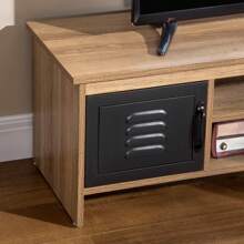 HOMCOM Meuble TV Banc TV Design Industriel - 2 placards, 2 niches, 2 Passe-Fils - Panneaux Particules Aspect Bois veinage Portes métal Noir - Tabac - Voir 7