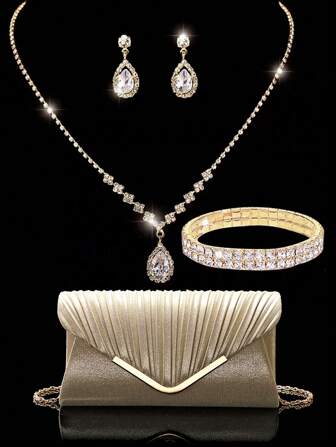Juego de joyería para mujer de 4 piezas LETODE con cristales, set de bolso de noche con brillo, collar, pulsera y pendientes colgantes para novia y damas de honor