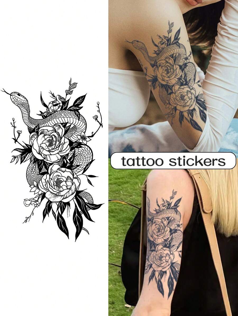 1pc Flower Snake Temporary Tattoo Sexy Waterproof Sweatproof Last For 1-2 Weeks Realistic Herbal Juice Non-Reflective Geometric Faux Black Fake Tattoos For Woman Tattoo Stickers ForBack,Leg,Arm,Chest,Belly, Waist Modernist Body Art