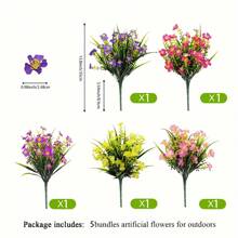 5pcs Multicolor Fake Flowers Outdoor Decorations, UV Resistant Plastic Artificial Greenery Shrubs Plants For Home Indoor Outside Garden Window Porch Pots Spring Summer All-Season Decor