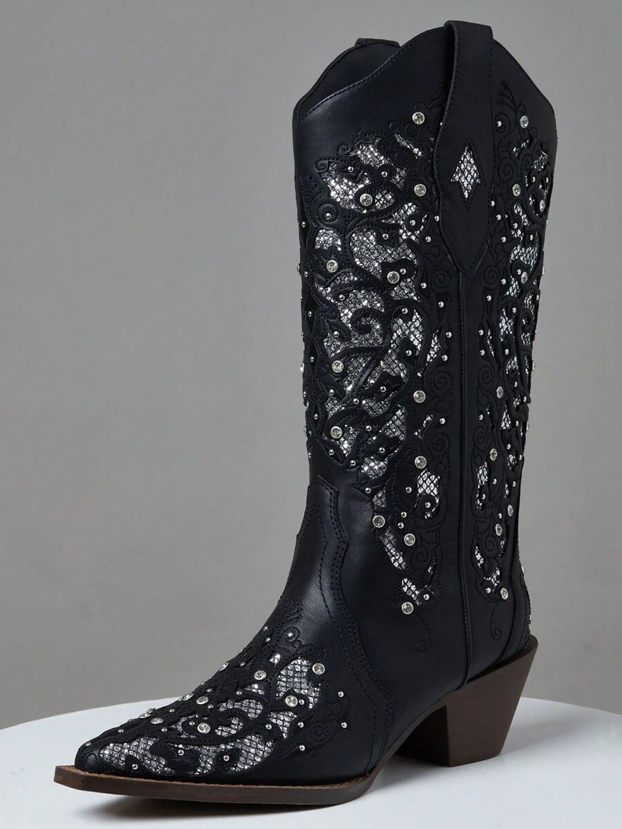 Women's Rhinestone Western Victorian Cowboy Boots Chunky Heel Pull On Pointed Toe Vintage Embroider Cowgirl Shoes - màu đen - Xem 1
