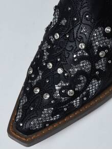 Women's Rhinestone Western Victorian Cowboy Boots Chunky Heel Pull On Pointed Toe Vintage Embroider Cowgirl Shoes - màu đen - Xem 3