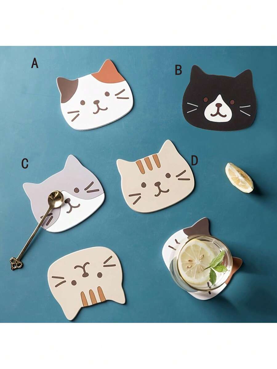 1 tấm lót ly silicon hình mèo dễ thương, tấm lót bàn cách nhiệt hình động vật Kawaii, tấm lót cốc trà, đồ dùng nhà bếp - Nhiều màu - Xem 1