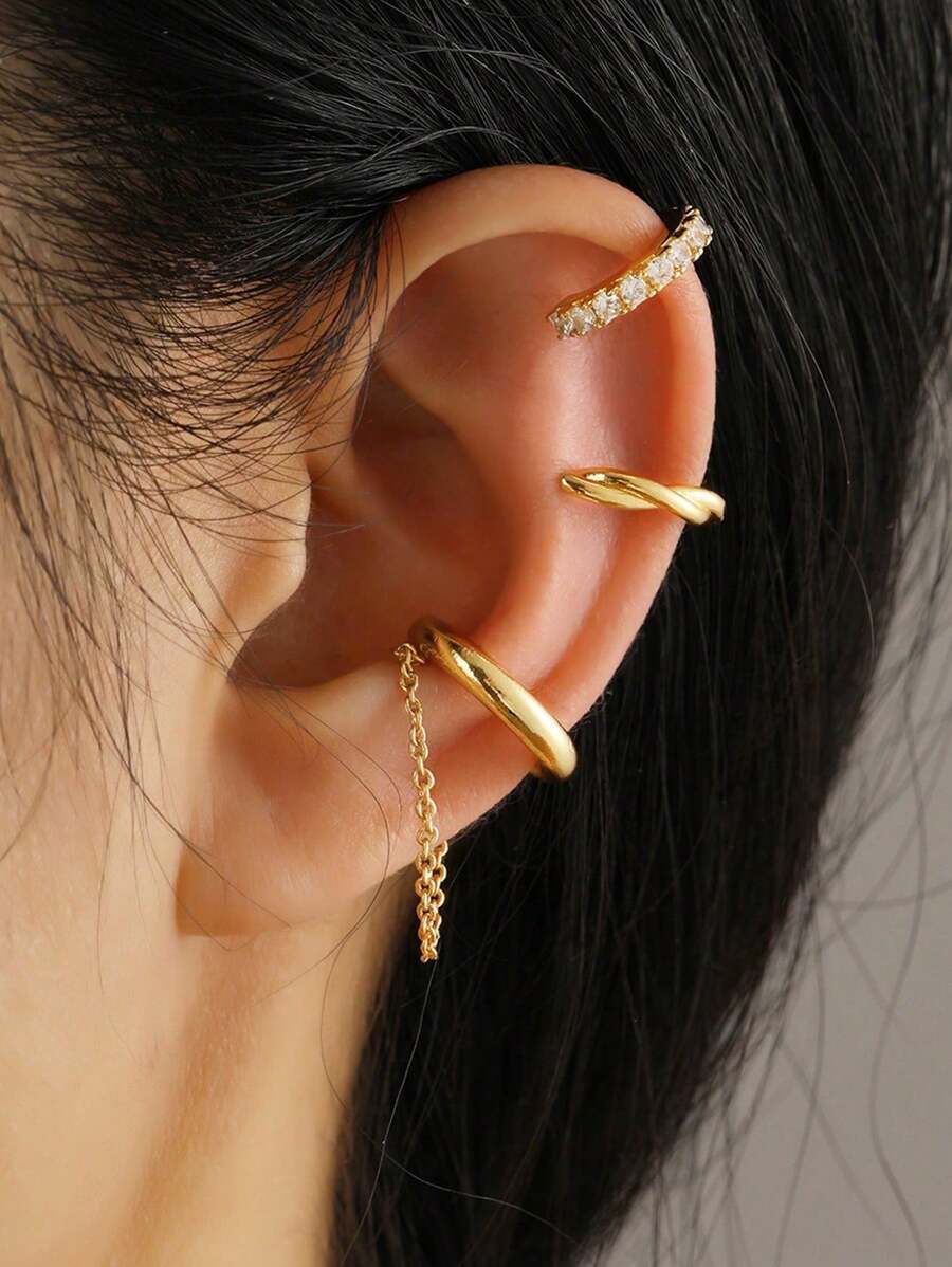 5 cái/bộ Tối giản Sành điệu Xu hướng: Cắt giảm Nhỏ bé Lá cây Hình chữ C Non-Pierced Vòng bít tai - Vàng - Xem 1