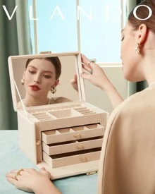 Vlando Velvet Jewelry Organizer Box For Women, Large Leather Jewelry Storage Box With Locked, Mirrored, 3 Drawer For Watch Necklace Ring Earring Storage, Gift For Girl Women And Mom, Valentine's Day Gift For Her