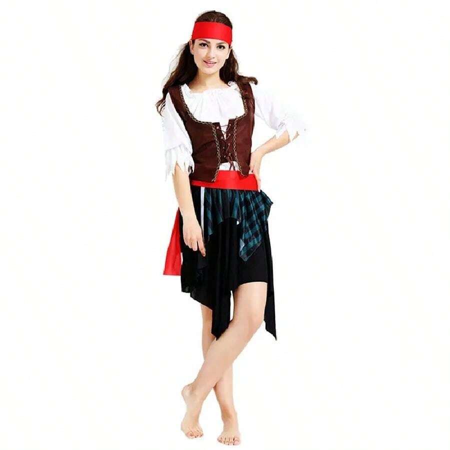 男女成人萬聖節海盜服裝,男性船長傑克·巴羅船長服裝,加勒比海盜cosplay服飾套裝 - 摩卡棕 - 查看 1