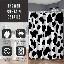 Cortina de Chuveiro Estampa de Vaca (71" X 71"), Cortina de Chuveiro Estampa de Vaca Preta, Conjunto de Cortina de Chuveiro em Tecido de Poliéster Estampado com Ganchos para Banheiro, Decoração de Banheiro - Preto e Branco - Visão 2